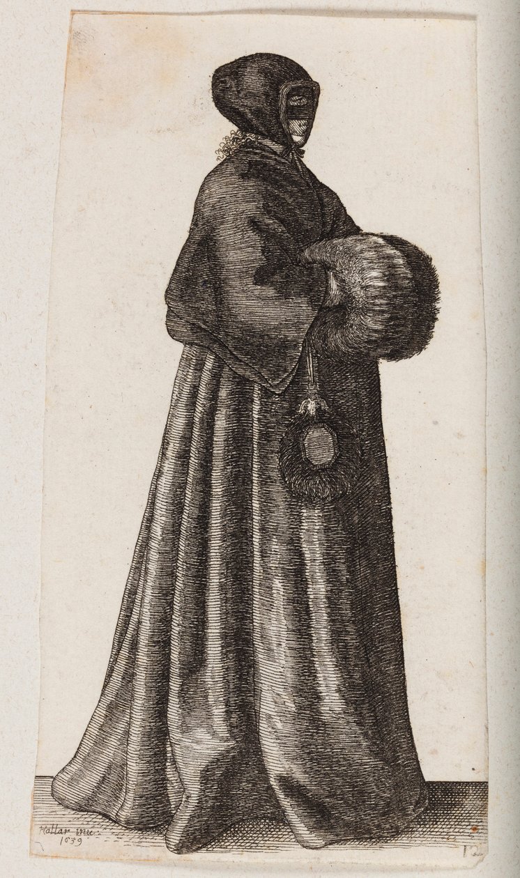 Femme vêtue de noir, portant un masque, une coiffe et un manchon - Wenceslaus Hollar