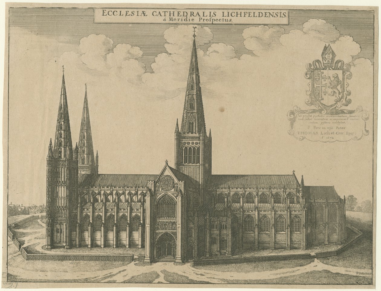 Cathédrale de Lichfield - Vue du sud: gravure - Wenceslaus Hollar