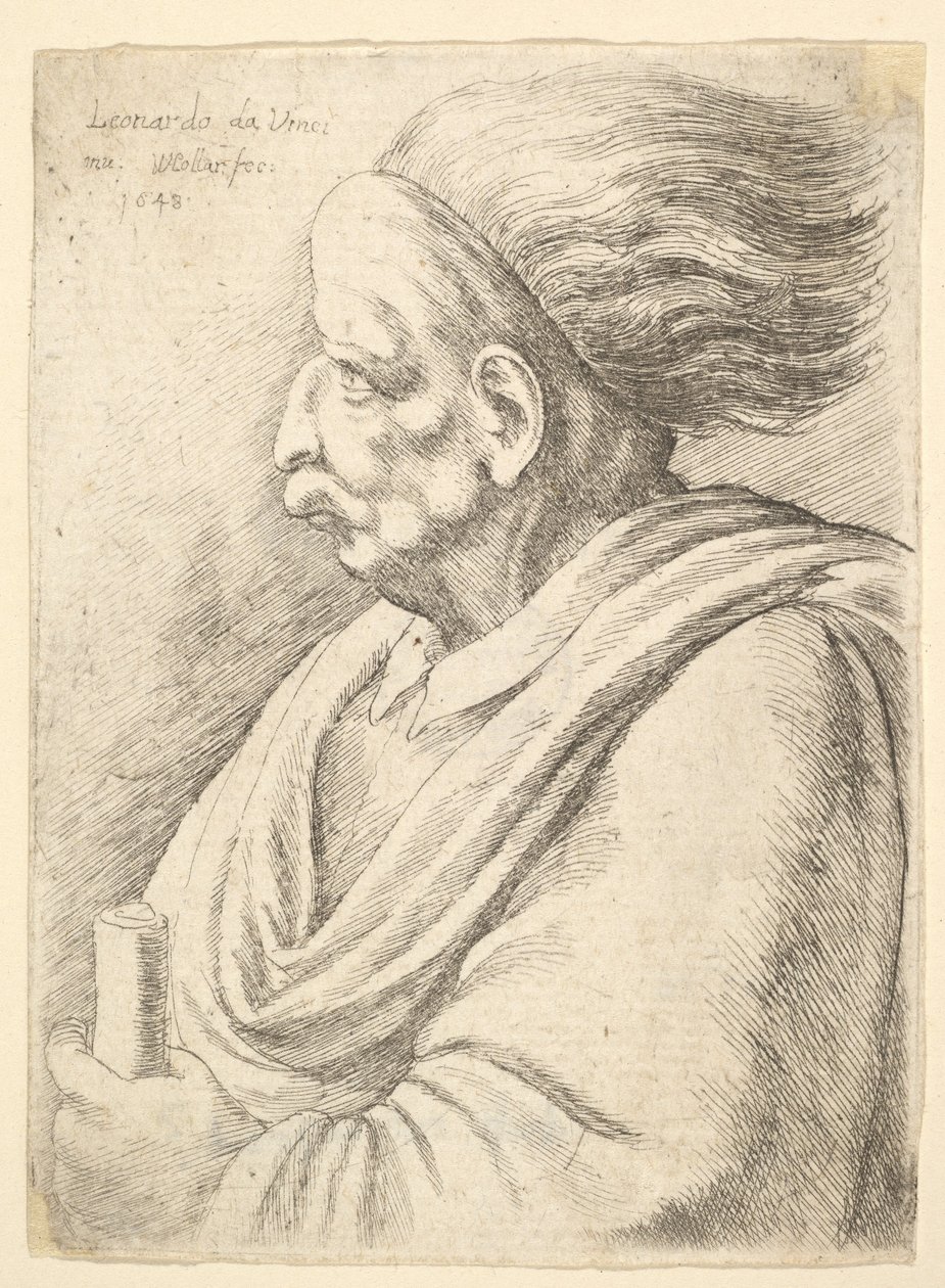 Homme aux traits caricaturaux et cheveux flottants, en demi-longueur à gauche - Wenceslaus Hollar