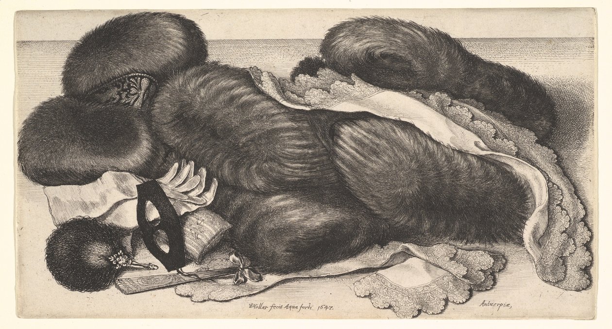 Manchons et vêtements sur une table - Wenceslaus Hollar