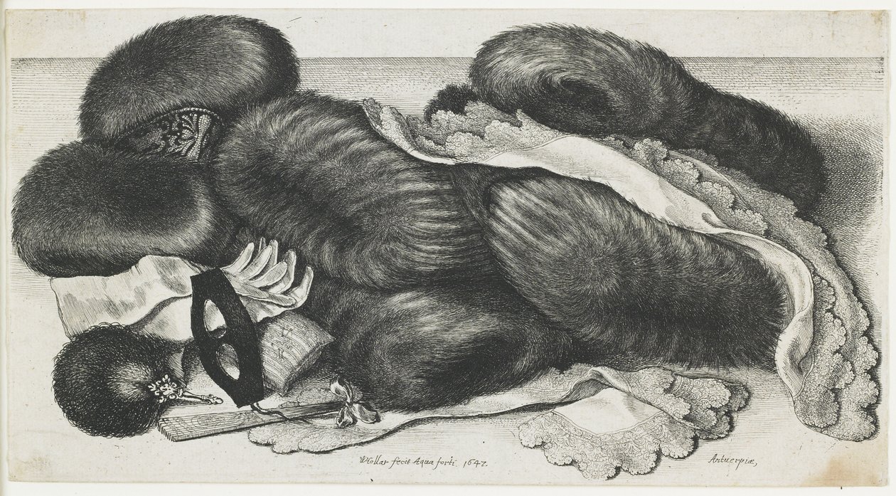 Manchons et articles de vêtements sur une table, 1647 - Wenceslaus Hollar