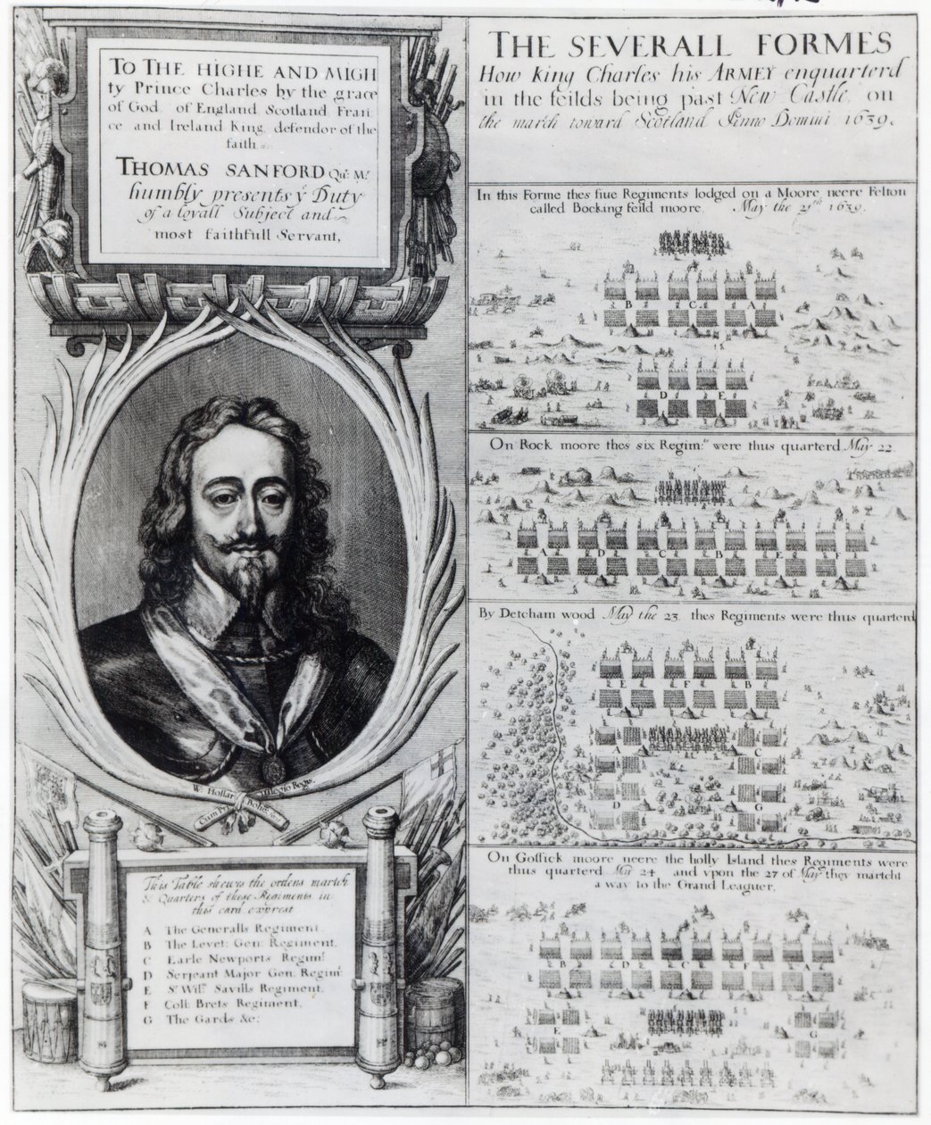 Portrait du roi Charles Ier avec des diagrammes montrant la formation de ses troupes pendant la guerre des évêques, vers 1639 - Wenceslaus Hollar