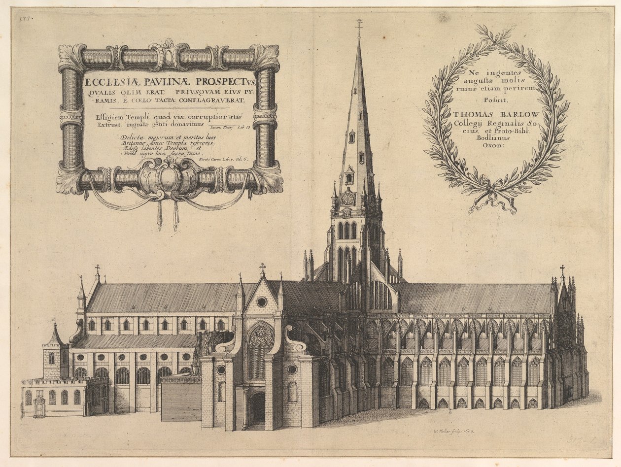 Saint Paul vu du sud montrant la flèche, Ecclesiae Paulinae Prospectus, 1657 - Wenceslaus Hollar