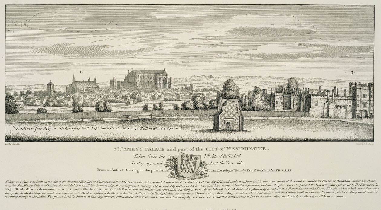 Palais St. James et une partie de la ville de Westminster du côté nord de Pall Mall en 1660, gravé par Richard Sawyer, publié en 1809 - Wenceslaus Hollar