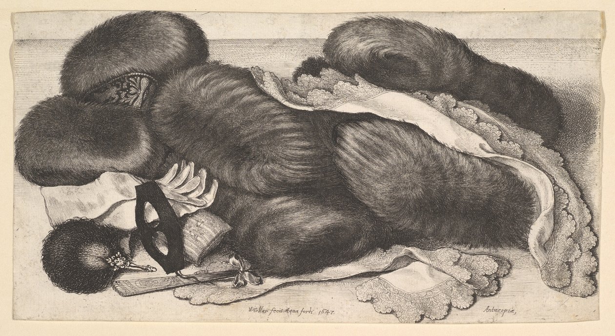 Nature morte avec un groupe de manchons, une paire de gants, des éventails, un masque et deux mouchoirs, 1647 - Wenceslaus Hollar