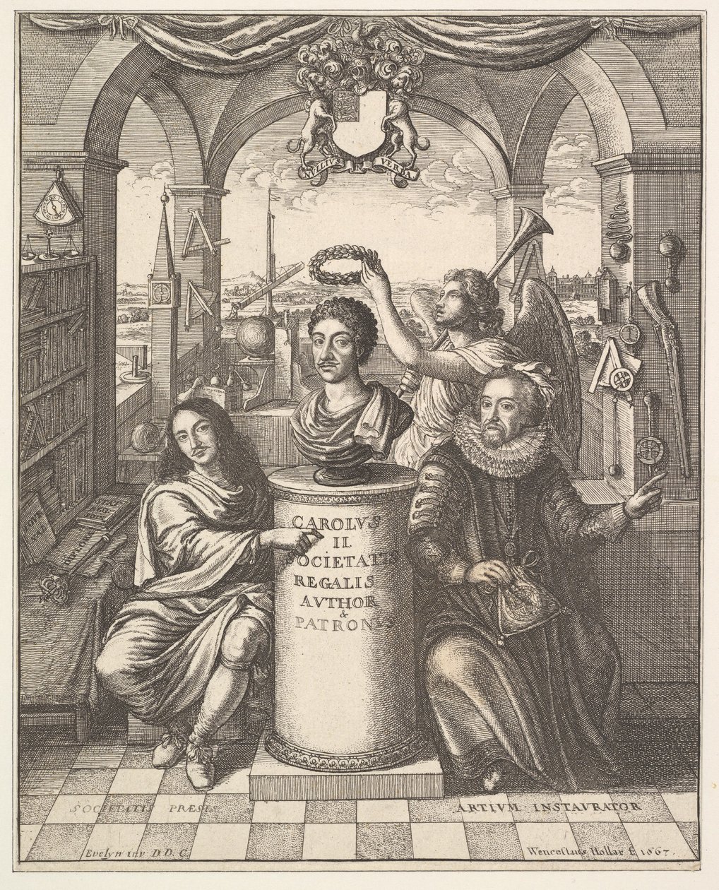 La Royal Society, frontispice de Thomas Sprat, Histoire de la Royal Society de Lond..., 1667 - Wenceslaus Hollar