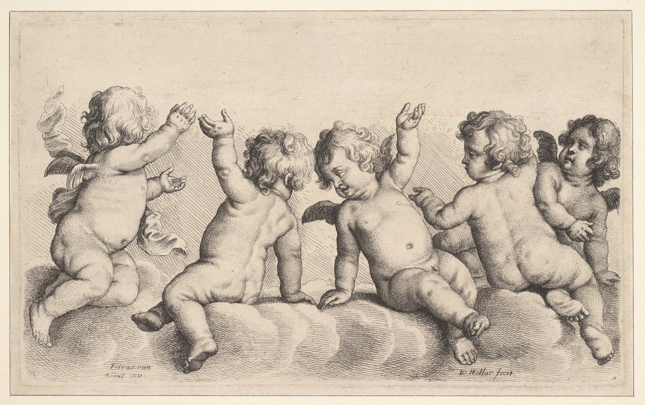 Trois chérubins et deux garçons sur des nuages, 1620-77 - Wenceslaus Hollar