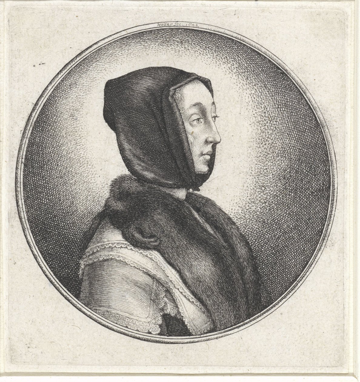 Femme avec un foulard noir et une étole en fourrure (Medaillons met vrouwenbusten) - Wenceslaus Hollar
