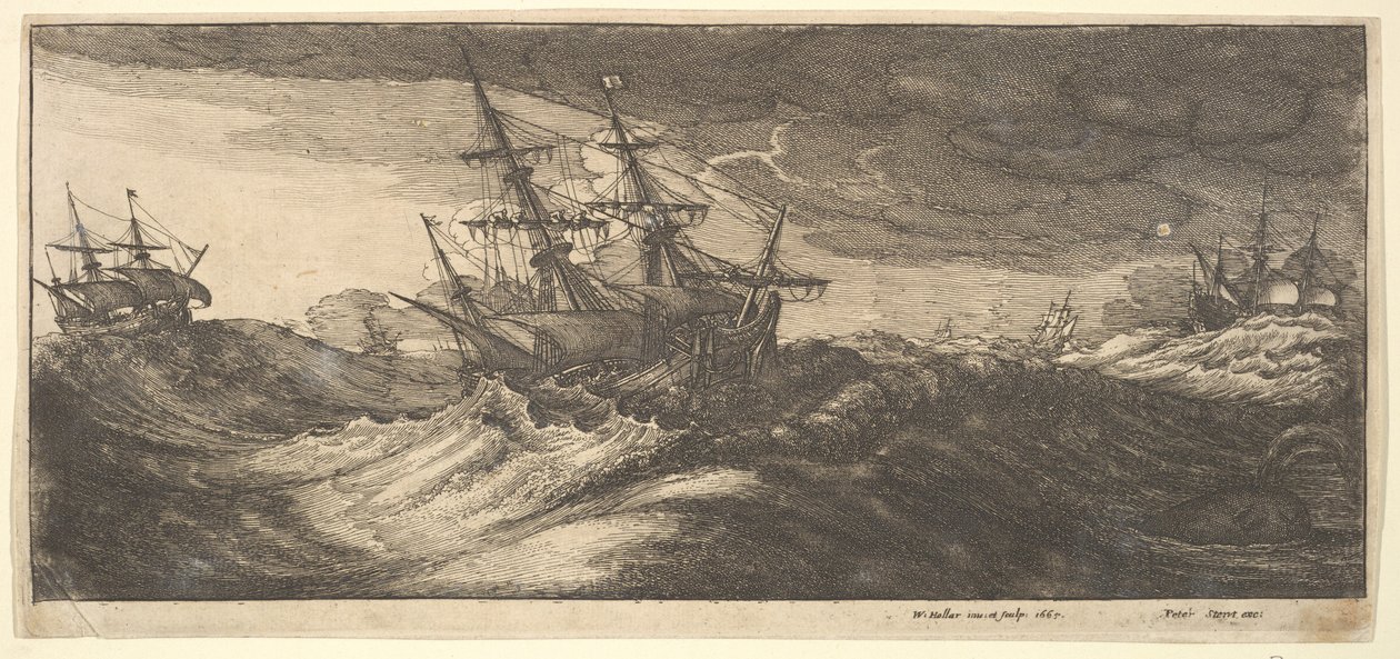 Navire de guerre et une baleine jaillissante, 1665 - Wenceslaus Hollar