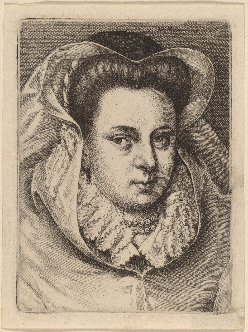 Femme au voile blanc et chapeau noir (Marie Stuart?) - Wenceslaus Hollar