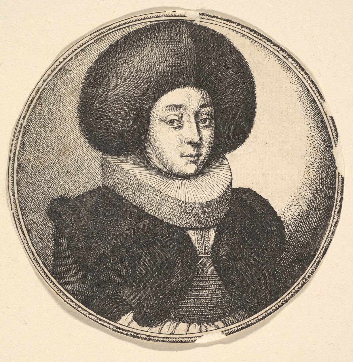 Femme avec un grand chapeau de fourrure circulaire et une fraise en dentelle - Wenceslaus Hollar