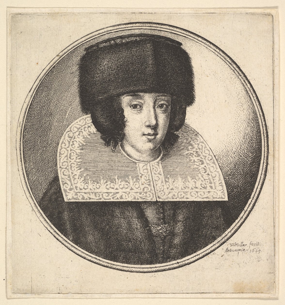 Femme avec un col en dentelle rigide et un chapeau en fourrure à couronne plate - Wenceslaus Hollar
