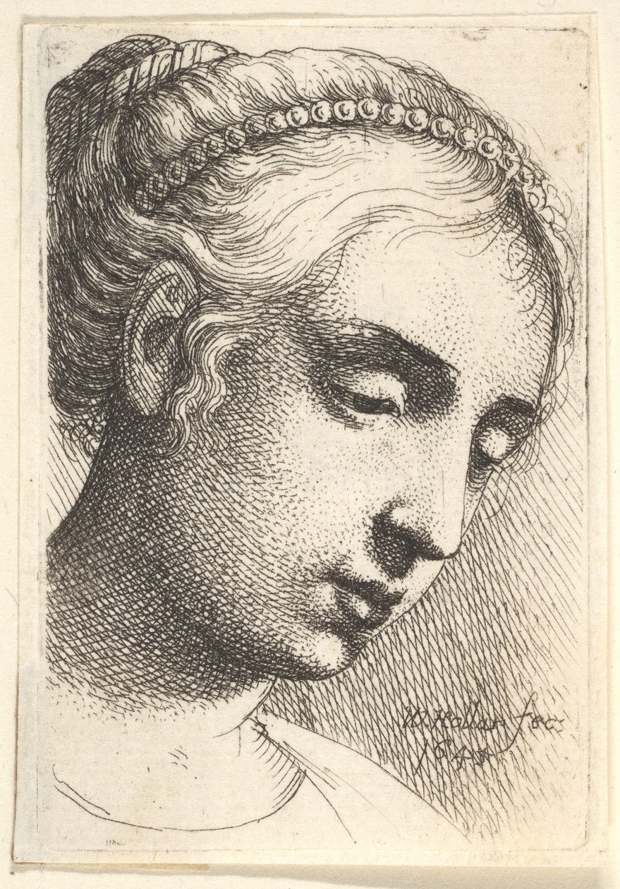 Femme portant un collier de perles dans les cheveux, le regard baissé vers la droite - Wenceslaus Hollar
