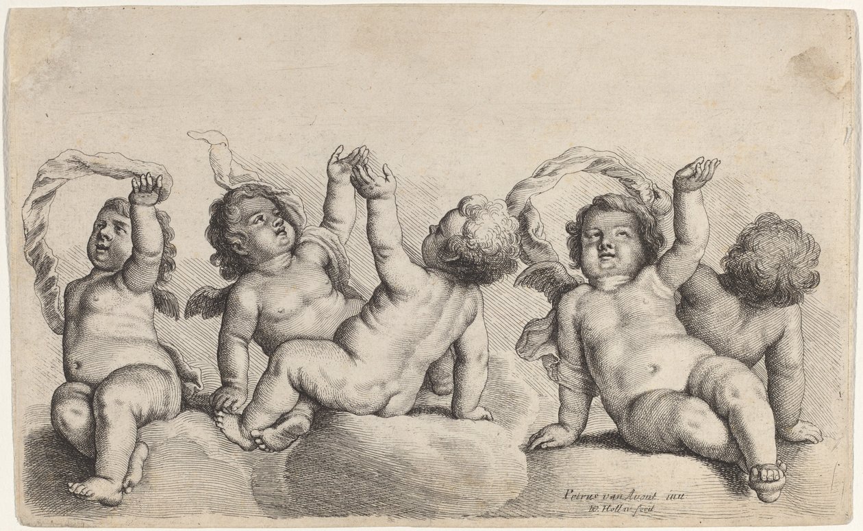 Trois chérubins et deux garçons levant chacun un bras sur des nuages - Wenceslaus Hollar, after Peeter van Avont