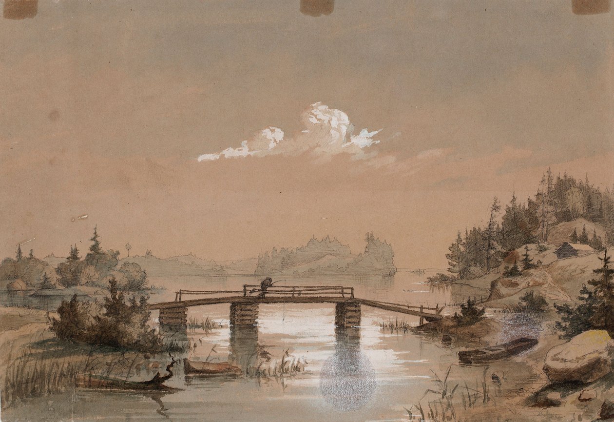 Paysage lacustre, homme pêchant sur un pont - Werner Holmberg