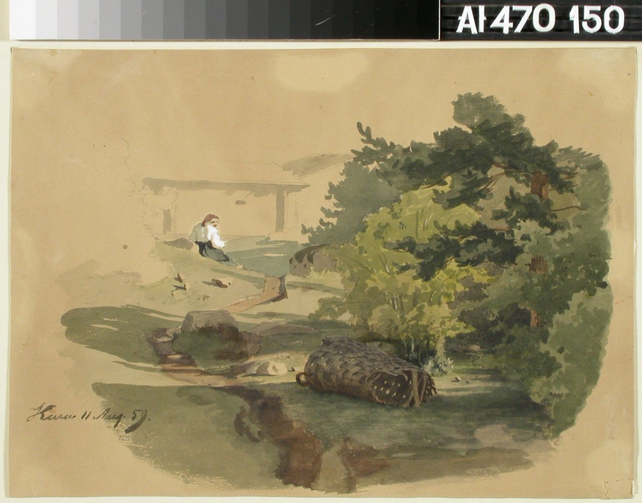 Landschaft mit Schindelkorb und sitzender Frau - Werner Holmberg