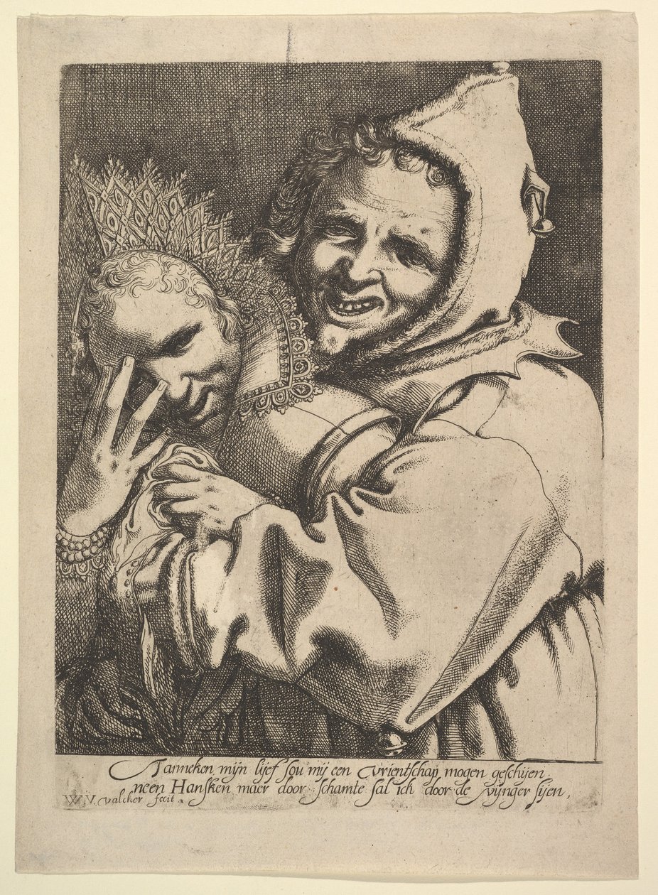 Fou avec une fille regardant à travers ses doigts - Werner Jacobsz. van den Valckert