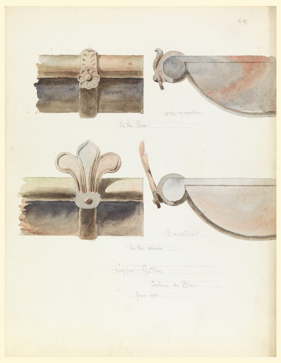 Dessin, Deux gouttières en cuivre, d