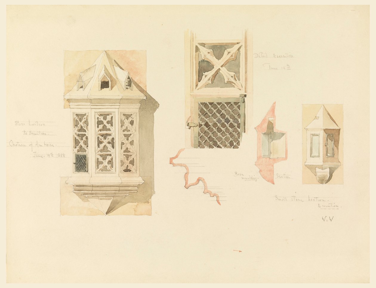 Dessin, rendu de deux lanternes en pierre, provenant du château d