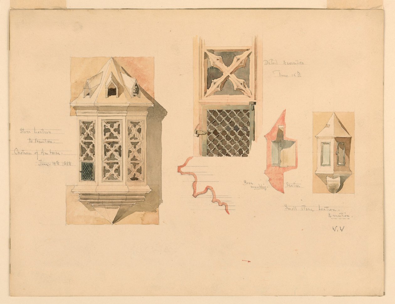 Dessin, rendu de deux lanternes en pierre, provenant du château d