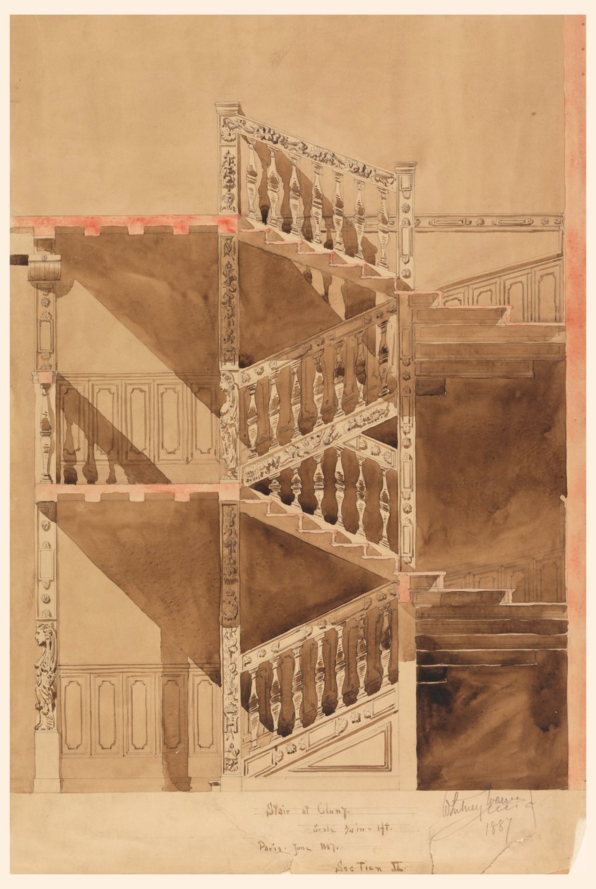 Dessin, escalier de Cluny, Paris, 1887 - Whitney Warren Jr.