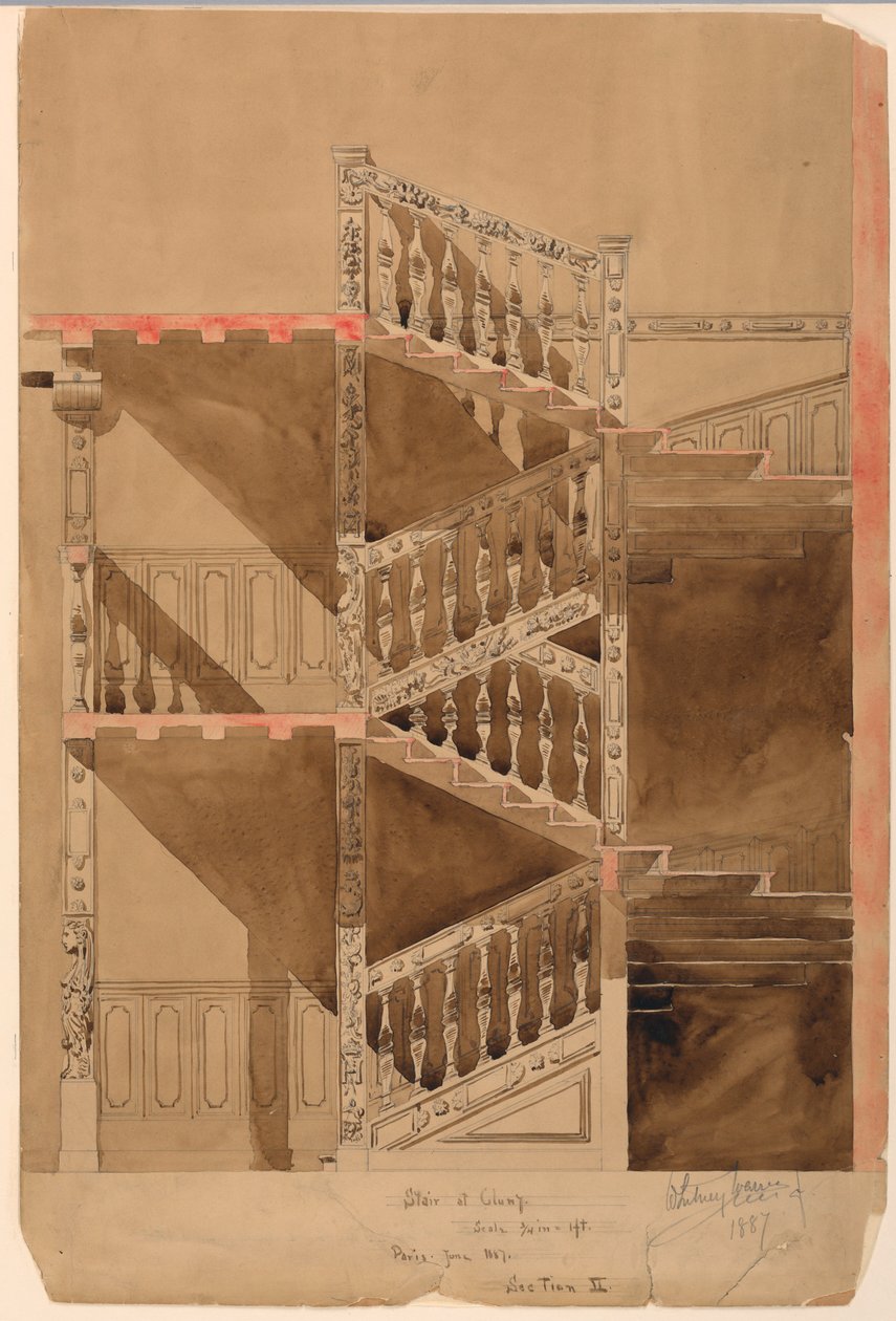 Dessin, escalier de Cluny, Paris, 1887 - Whitney Warren Jr.