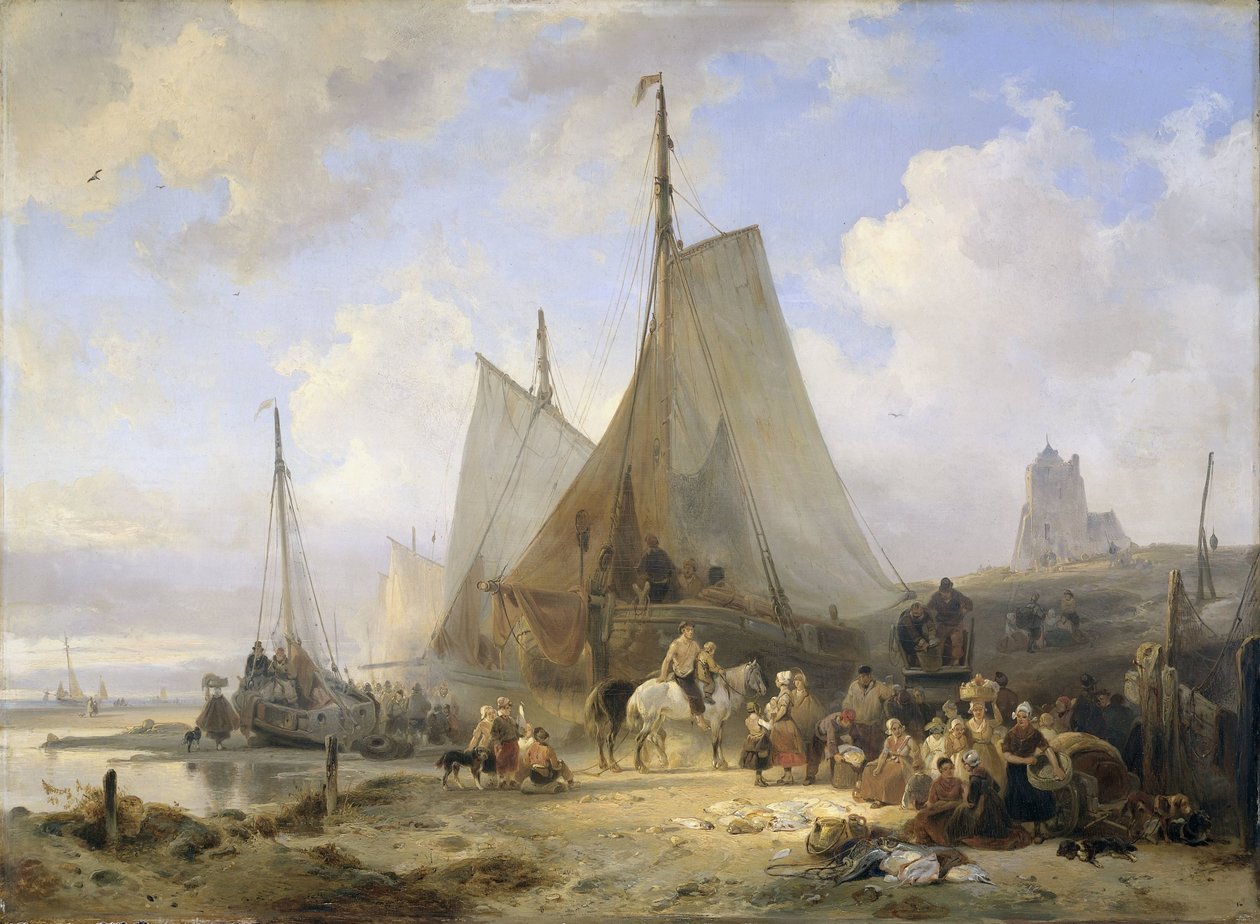 Bateaux de pêche sur la plage avec des pêcheurs et des femmes triant la prise - Wijnand Nuijen