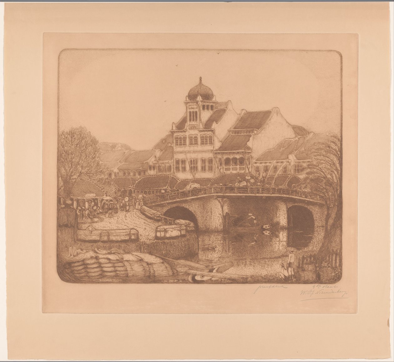 Pont et immeuble de bureaux à Batavia - Wijnand Otto Jan Nieuwenkamp (signed by artist)
