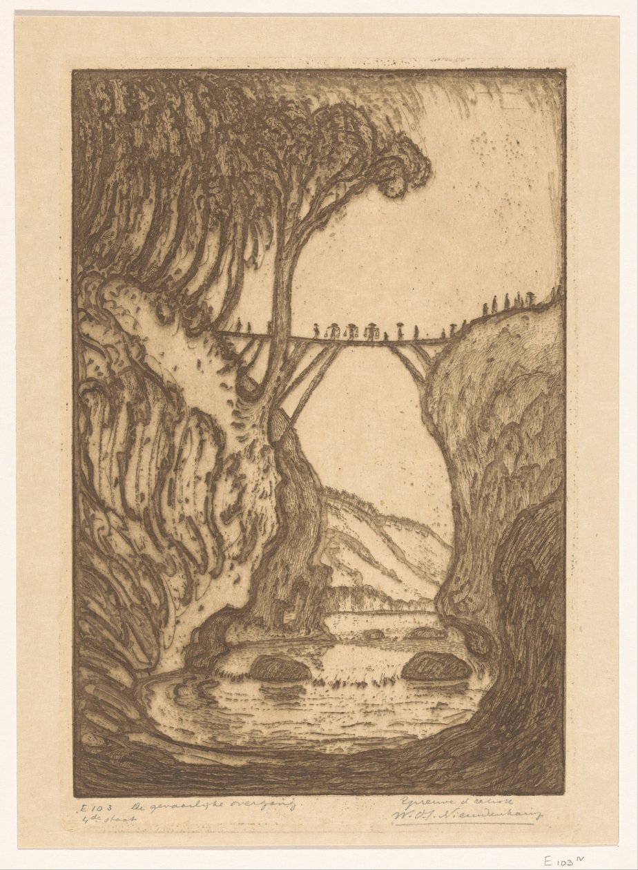 Pont en bois sur une gorge fluviale à Bali - Wijnand Otto Jan Nieuwenkamp (signed by artist)