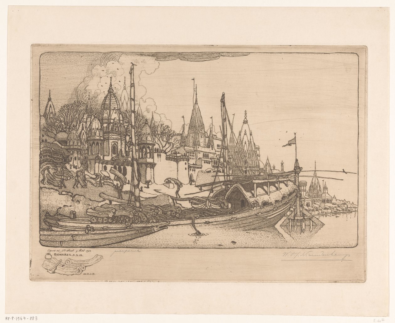 Bateau avec du bois de chauffage sur la rive du Gange à Bénarès - Wijnand Otto Jan Nieuwenkamp (signed by artist)