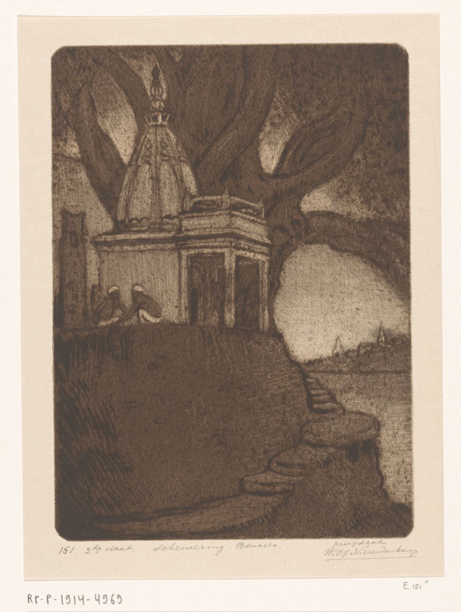 Temple à Bénarès au crépuscule (Zonsondergang, Benares) - Wijnand Otto Jan Nieuwenkamp (signed by artist)