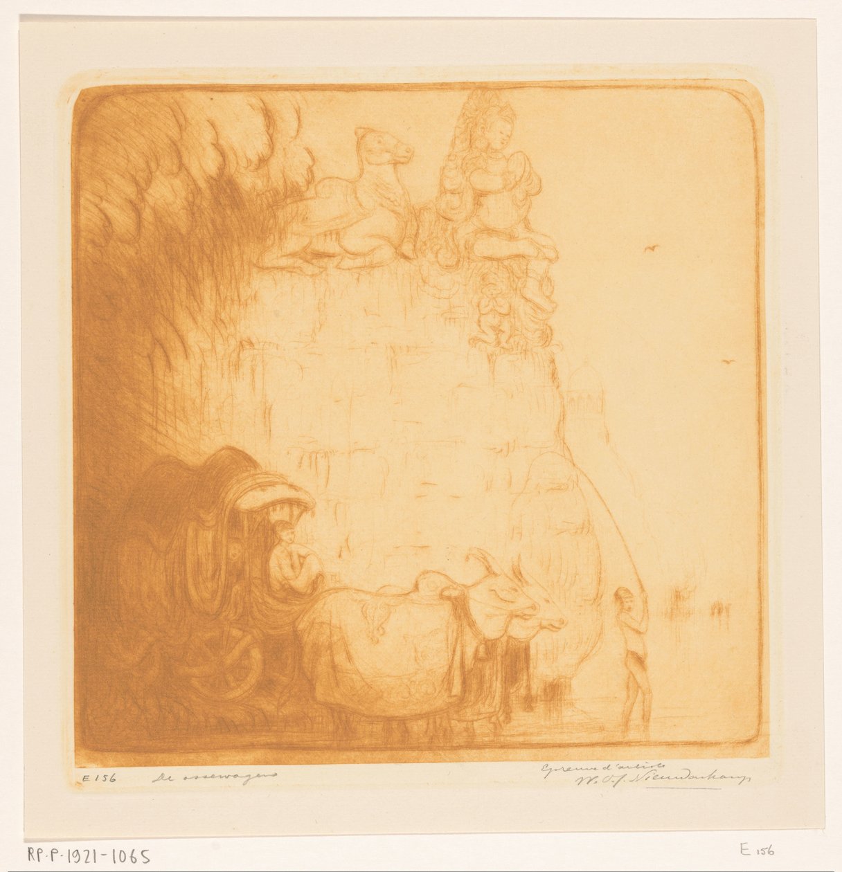 Deux bœufs tirant une charrette à travers une rivière - Wijnand Otto Jan Nieuwenkamp (signed by artist)