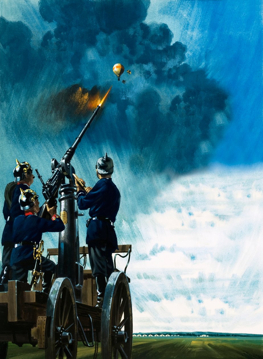Un courageux aérostier livre le courrier à la ville assiégée de Paris malgré les tirs des canons prussiens. - Wilf (20th century) Hardy