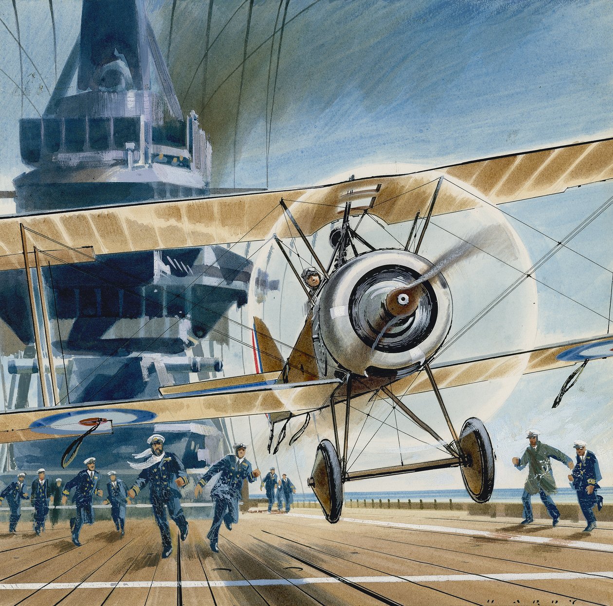 Le premier débarquement sur le pont (gouache sur papier) - Wilf (20th century) Hardy