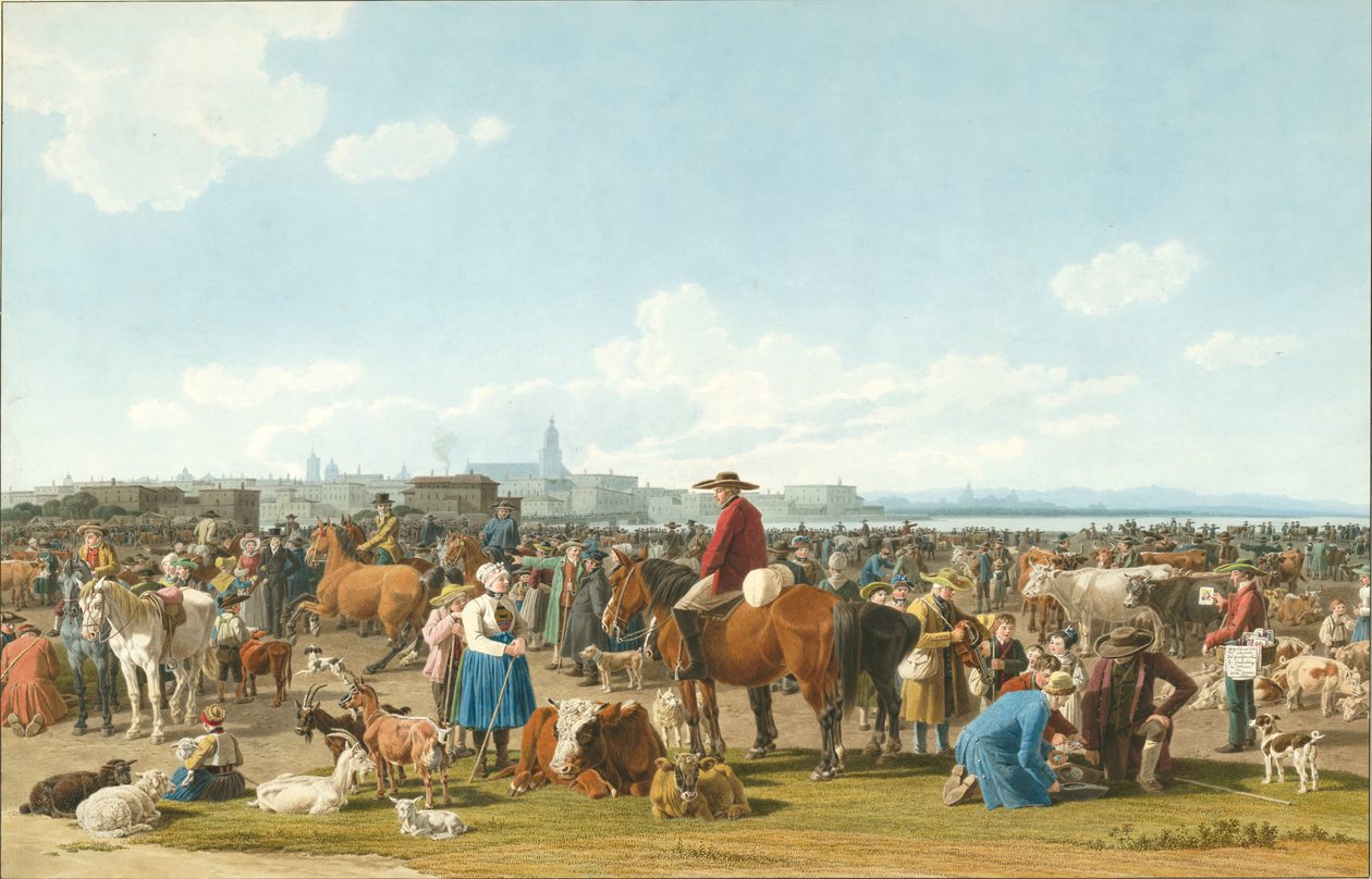 Marché aux bestiaux devant une grande ville sur un lac, 1820 - Wilhelm Alexander Kobell