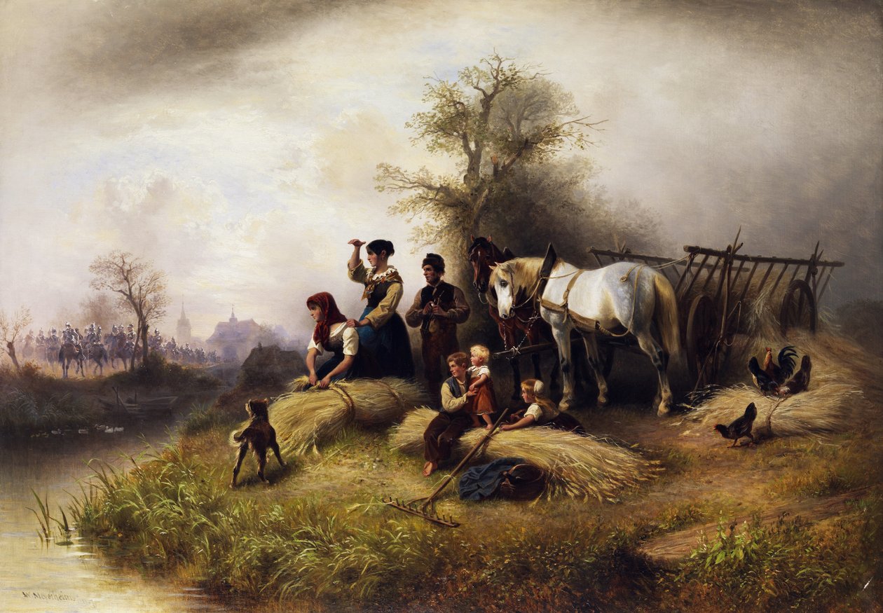Famille de paysans récoltant du blé observant un défilé de cavalerie - Wilhelm Meyerheim