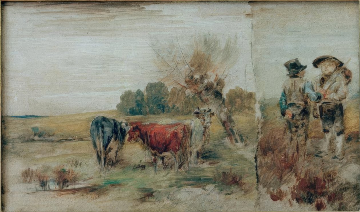 Double image : Vaches au pâturage, deux paysans en conversation - Wilhelm Busch