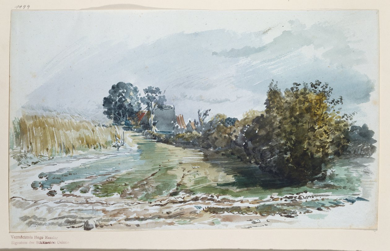 Chemin entre un champ de blé et des arbustes avec des chaumières à l