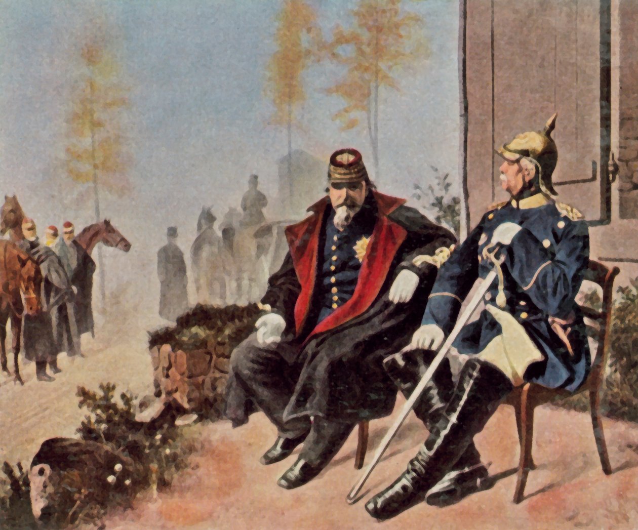 Napoléon III et Bismarck devant la maison du tisserand à Donchery, 2 septembre 1870 (lithographie couleur rehaussée) - Wilhelm Camphausen