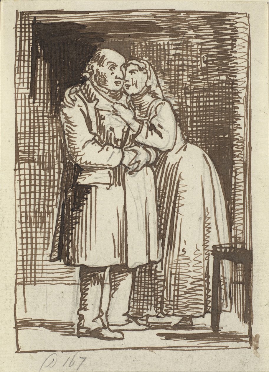 La femme flatteuse. Une femme parle intensément à son vieux mari et a les bras autour de son cou - Wilhelm Marstrand