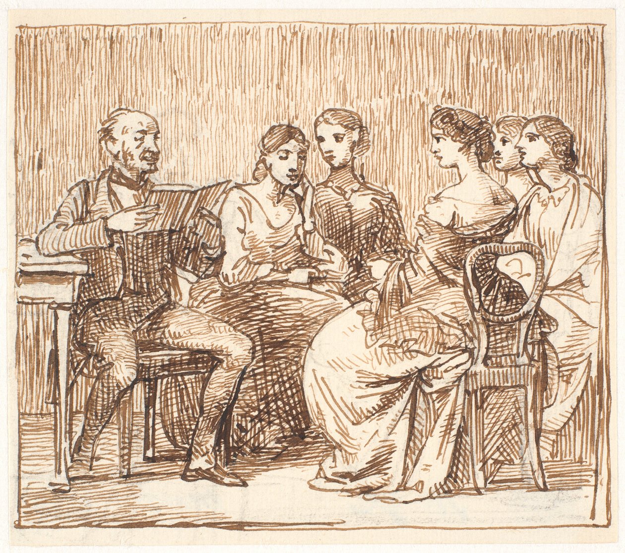 Un homme lit à haute voix pour cinq dames - Wilhelm Marstrand