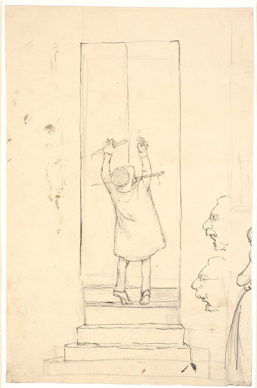 Un petit homme se tient sur la pointe des pieds pour ouvrir une porte avec un loquet. Croquis de profils et femme - Wilhelm Marstrand