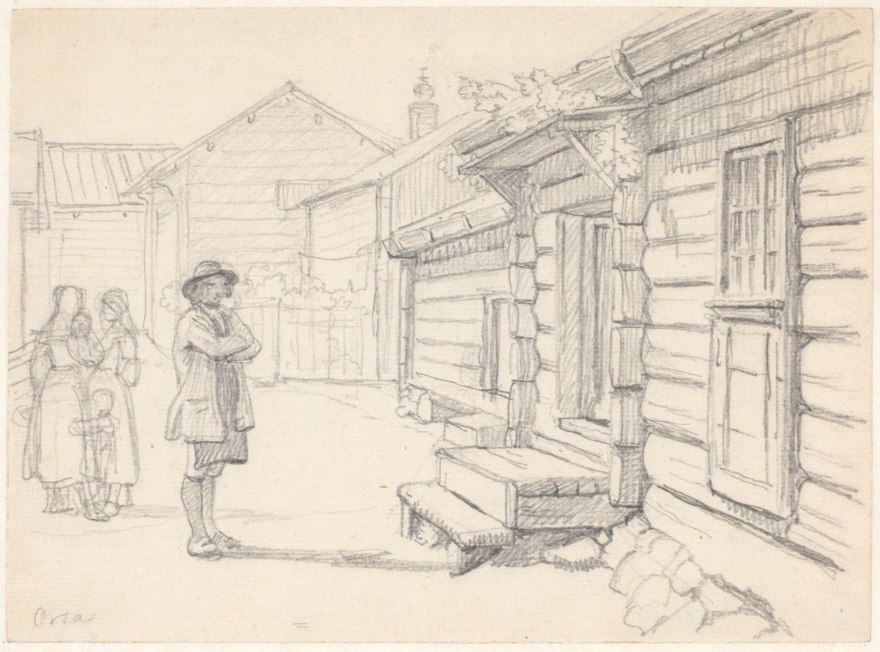 Rue à Orsa, dans le Dalarna, avec deux femmes à gauche, un enfant et un homme - Wilhelm Marstrand