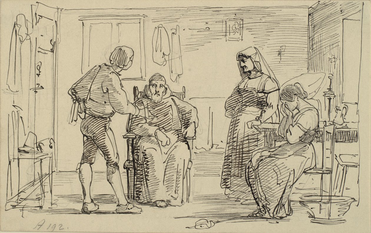 Intérieur où un jeune homme explique quelque chose à un moine assis, à droite une fille pleurant et une vieille femme - Wilhelm Marstrand