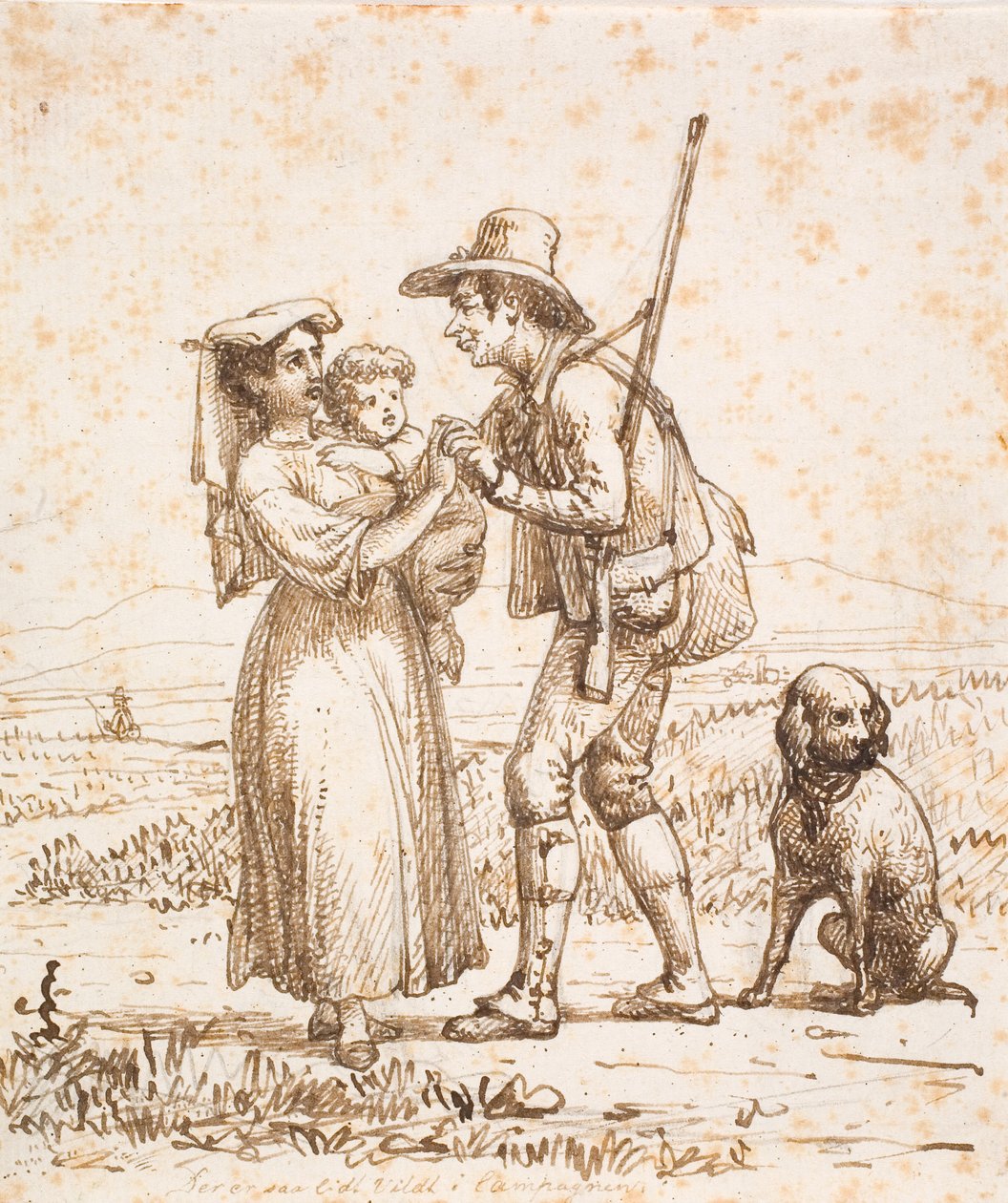 Chasseur italien avec chien accueilli par sa femme et son enfant - Wilhelm Marstrand