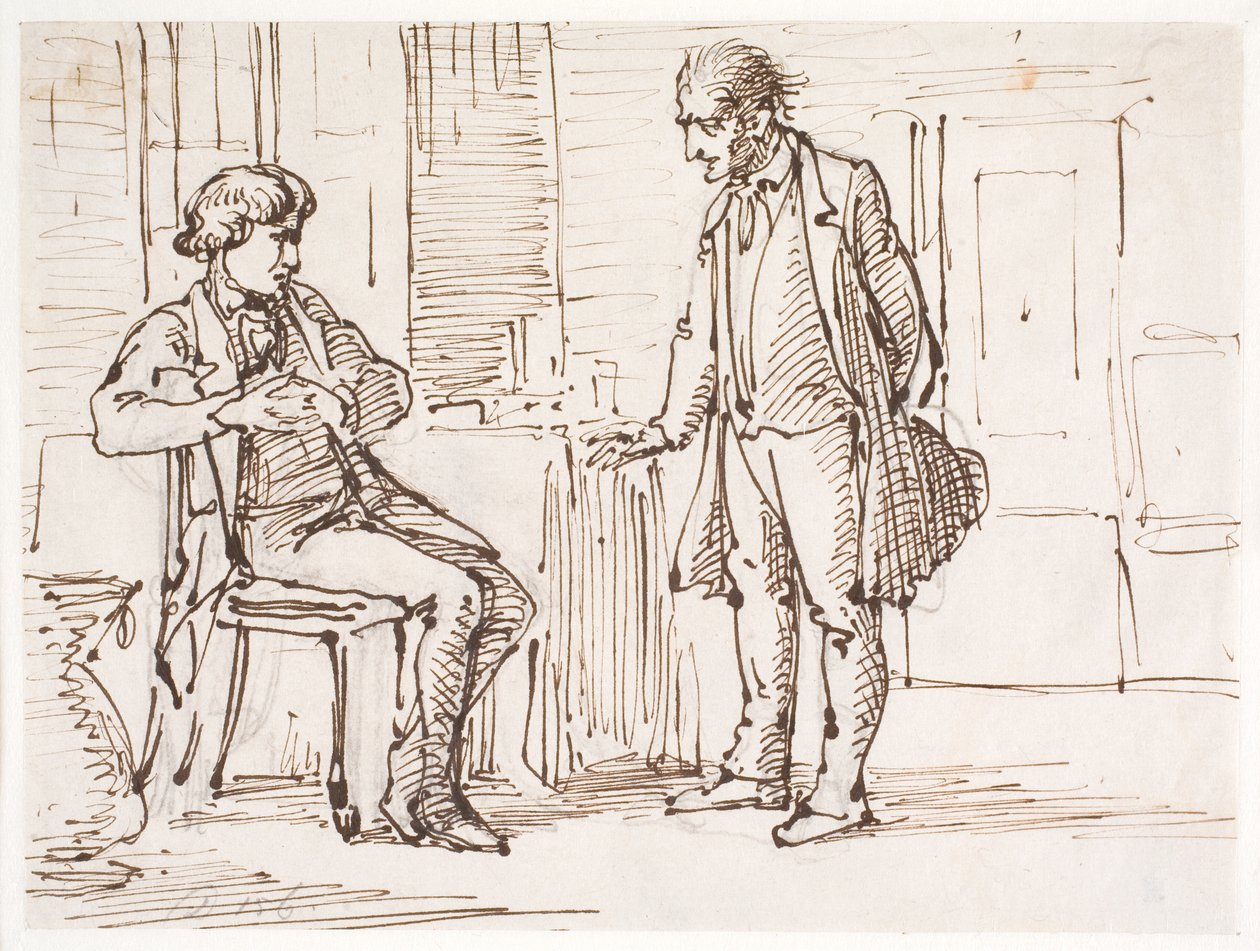 Conversation entre un jeune homme assis et un homme plus âgé debout - Wilhelm Marstrand