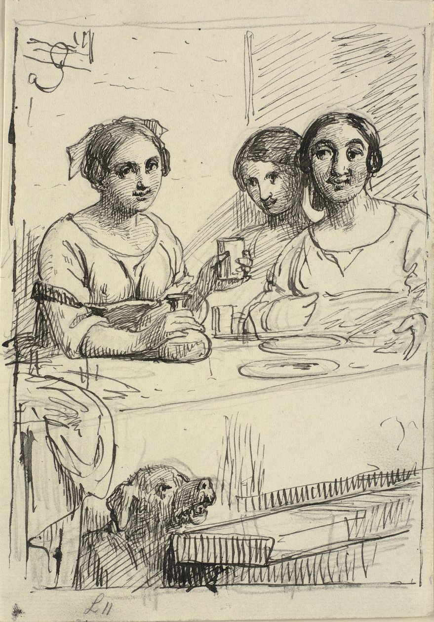 Trois filles à une table, un chien sous la table - Wilhelm Marstrand