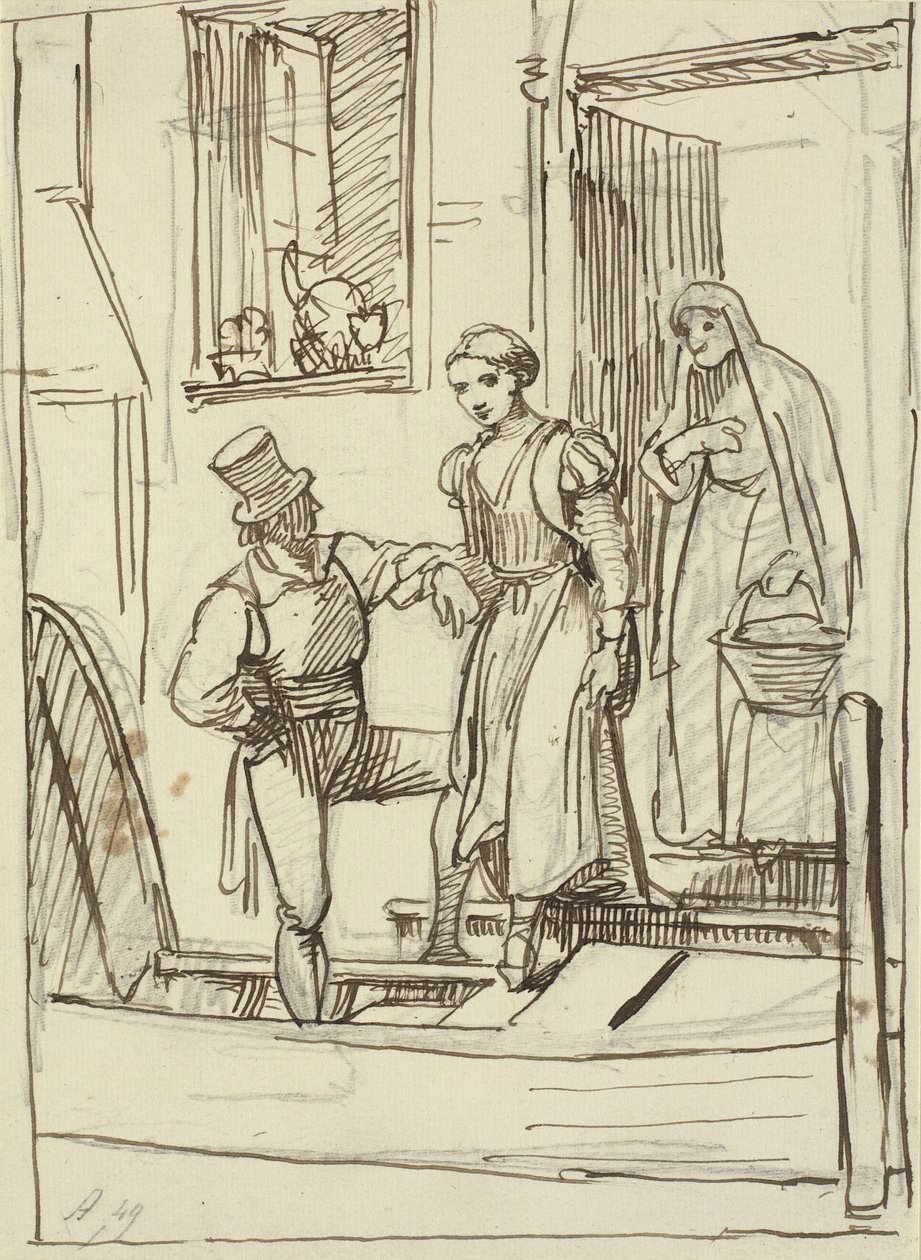 Jeune fille et vieille femme aidées par un homme à descendre dans une gondole - Wilhelm Marstrand