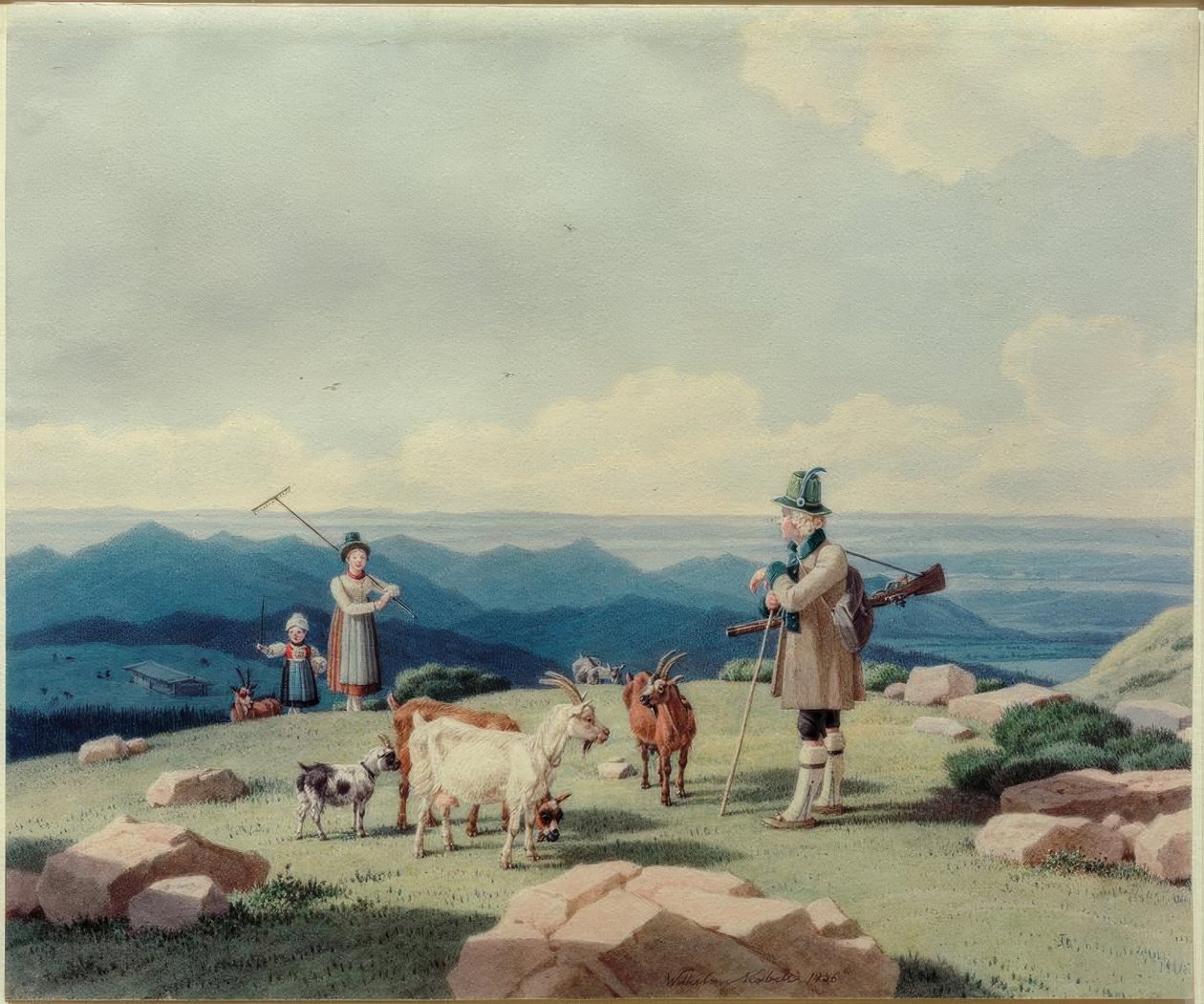 Chasseur avec une bergère et un enfant sur le Hirschberg - Wilhelm von Kobell