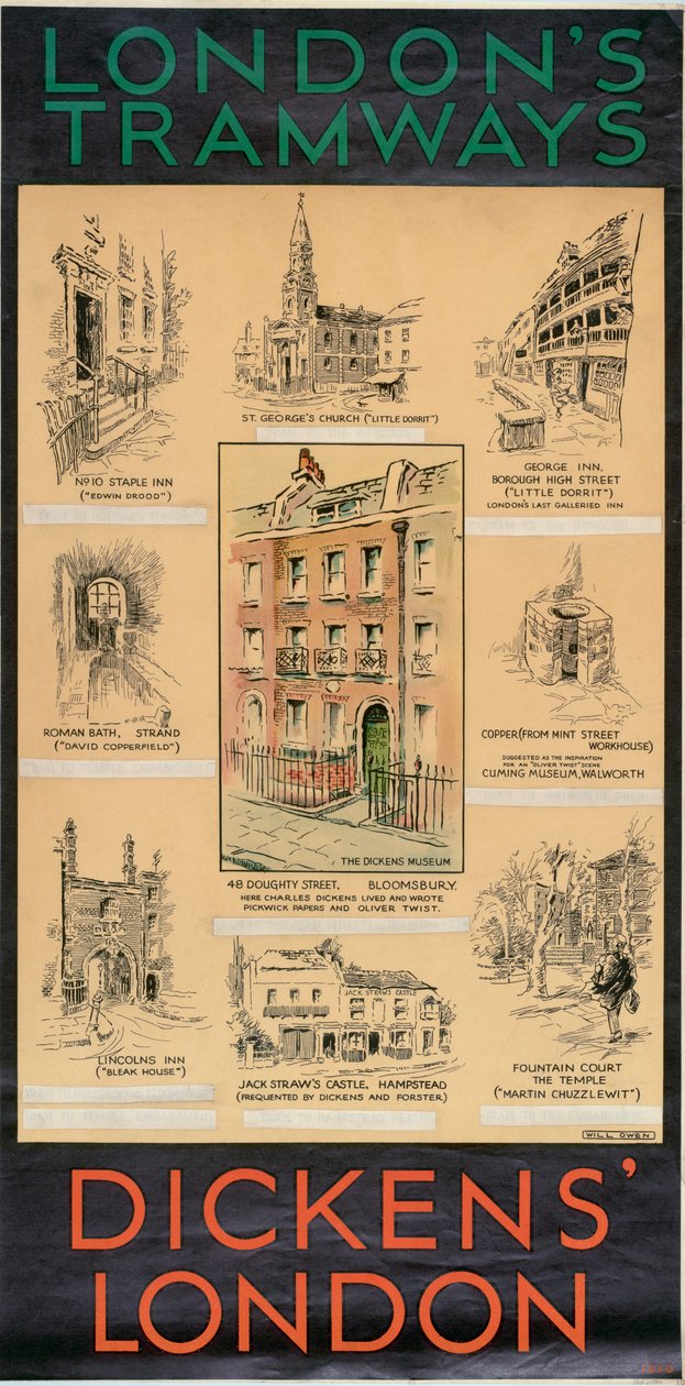Londres de Dickens, affiche des tramways du London County Council LCC, 1930 - Will Owen